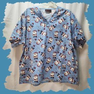 New Unisex Plus Size Santa Claus Blue Christmas Scrub Top